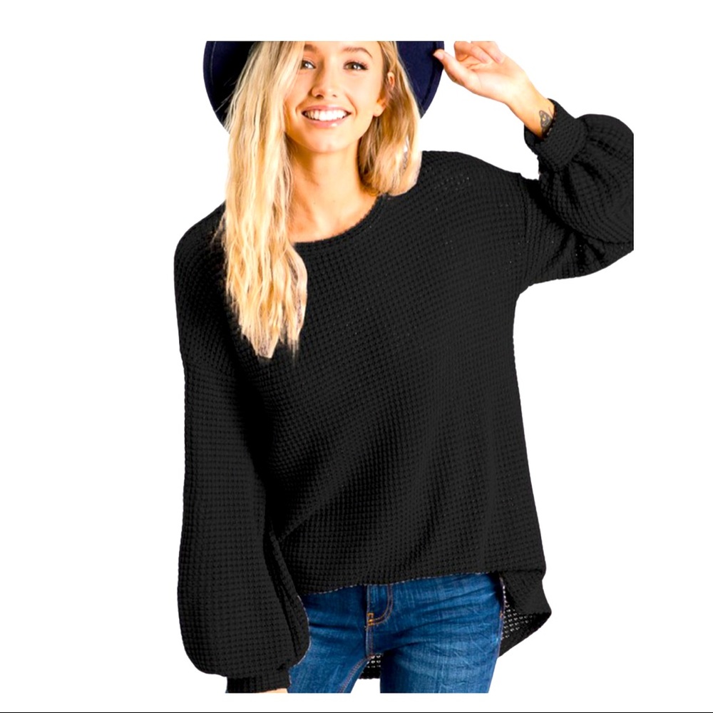 Black Waffle Knit Top with Balloon Sleeves